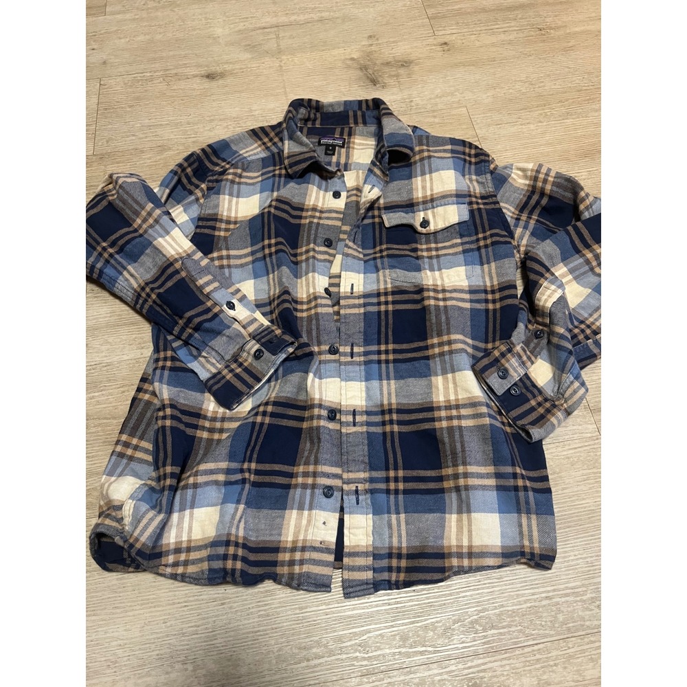 Patagonia Mens Organic Cotton Fjord Flannel Shirt Blue Tan Plaid Medium
